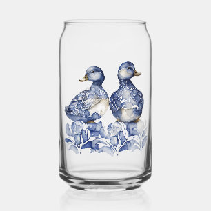 Blue and white Delft style cute ducks with flowers Can Glass
