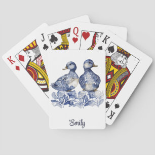 Blue and white Delft style cute ducks with flowers Playing Cards