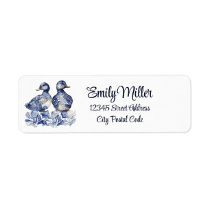 Blue and white Delft style cute ducks with flowers Return Address Label