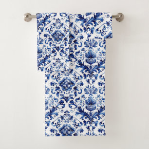Blue and white Delft style floral ornament pattern Bath Towel Set