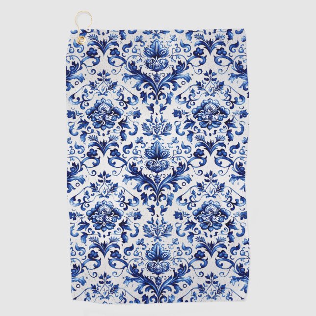Blue and white Delft style floral ornament pattern Golf Towel (Front)