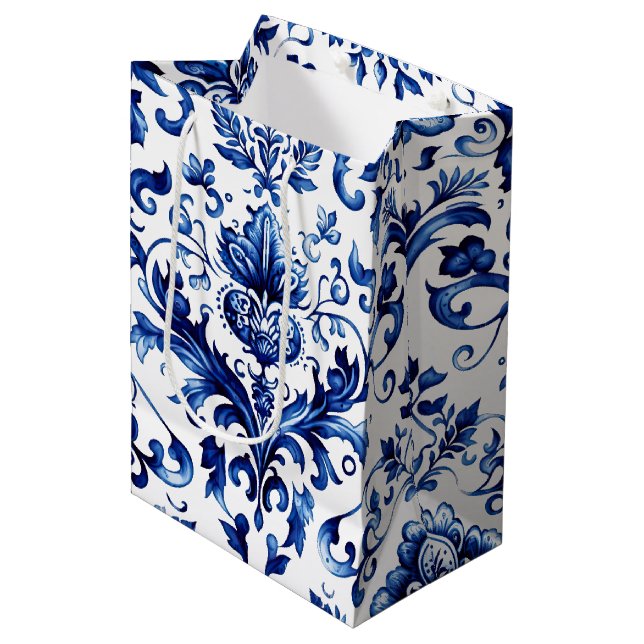 Blue and white Delft style floral ornament pattern Medium Gift Bag (Front Angled)