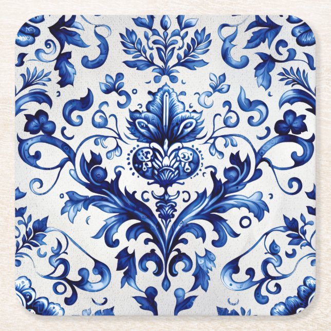 Blue and white Delft style floral ornament pattern Square Paper Coaster (Front)