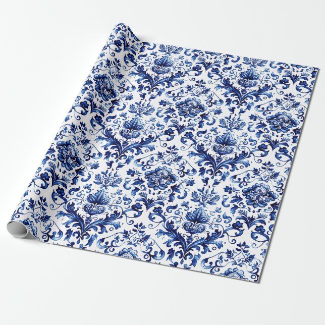 Blue and white Delft style floral ornament pattern Wrapping Paper (Unrolled)