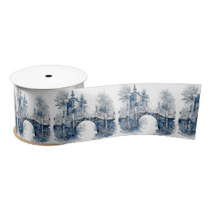 Blue and white Delft style landscape Satin Ribbon