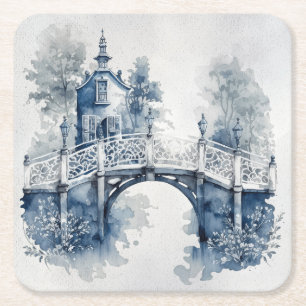 Blue and white Delft style landscape Square Paper Coaster