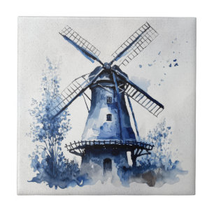 Blue and white Delft style landscape with windmill Ceramic Tile