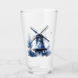 Blue and white Delft style landscape with windmill Glass