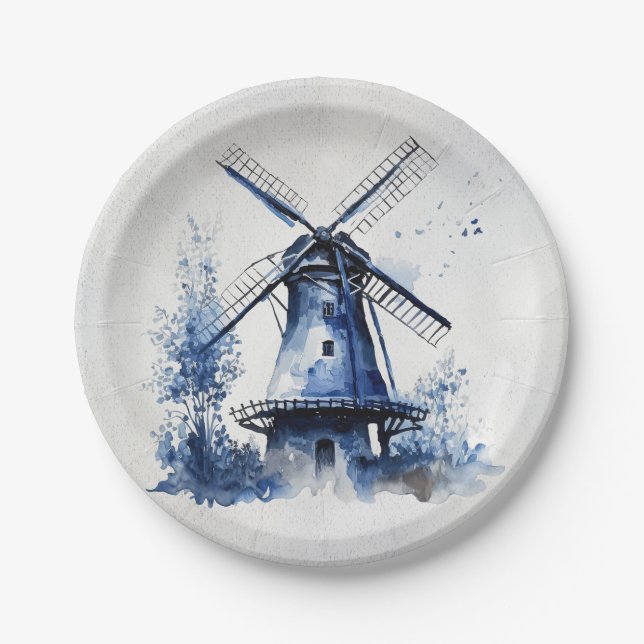 Blue and white Delft style landscape with windmill Paper Plate (Front)