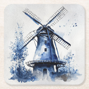 Blue and white Delft style landscape with windmill Square Paper Coaster