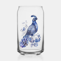 Blue and white Delft style peacock with flowers