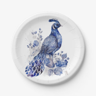 Blue and white Delft style peacock with flowers Paper Plate