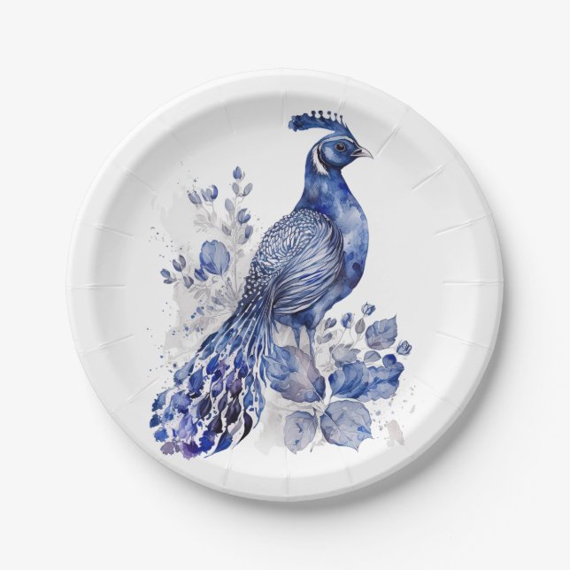 Blue and white Delft style peacock with flowers Paper Plate (Front)