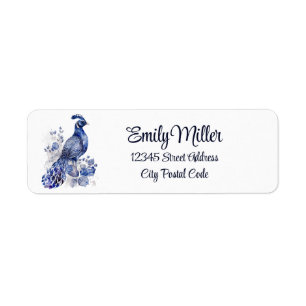 Blue and white Delft style peacock with flowers Return Address Label