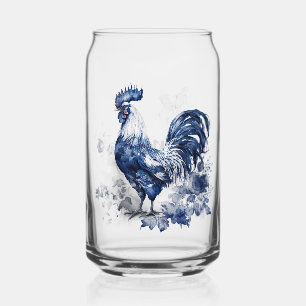Blue and white Delft style rooster with flowers Can Glass