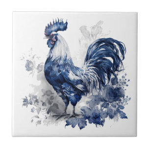Blue and white Delft style rooster with flowers Ceramic Tile