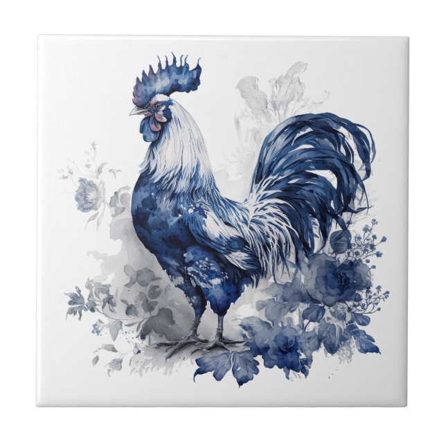 Blue and white Delft style rooster with flowers Ceramic Tile (Front)