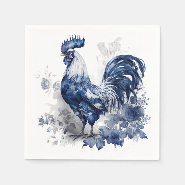 Blue and white Delft style rooster with flowers Napkin (Front)
