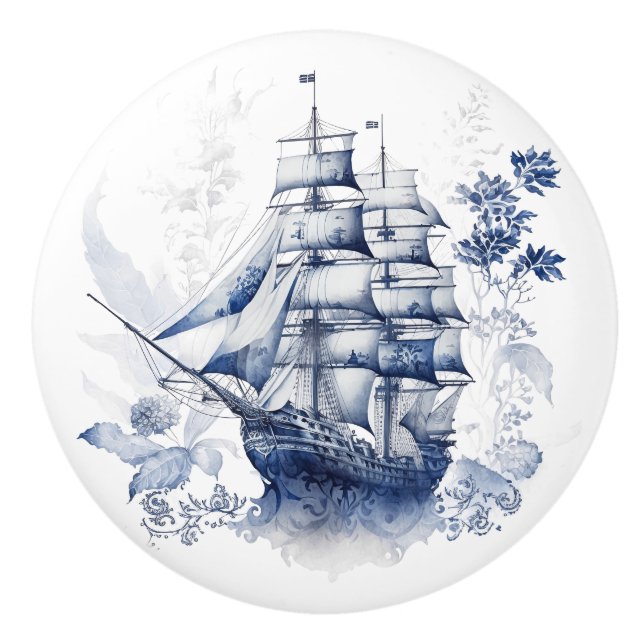 Blue and white Delft style sailing ship in the sea Ceramic Knob (Front)