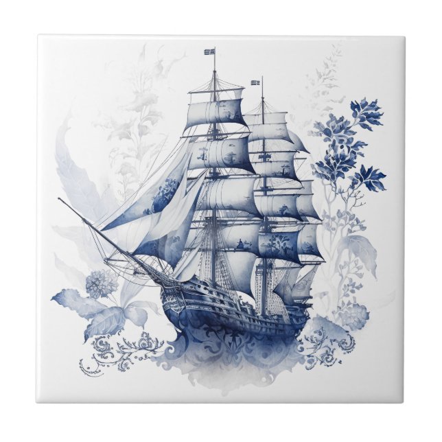 Blue and white Delft style sailing ship in the sea Ceramic Tile (Front)