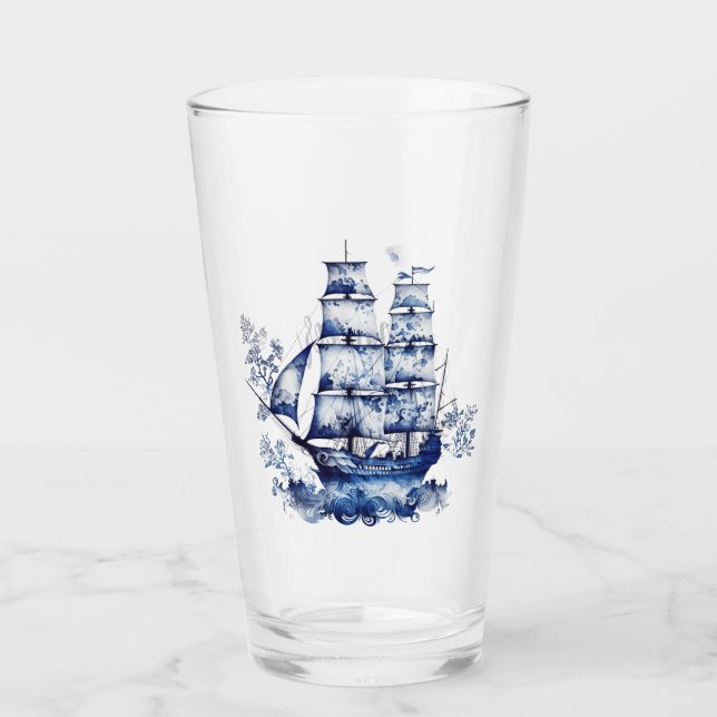 Blue and white Delft style sailing ship in the sea Glass (Front)