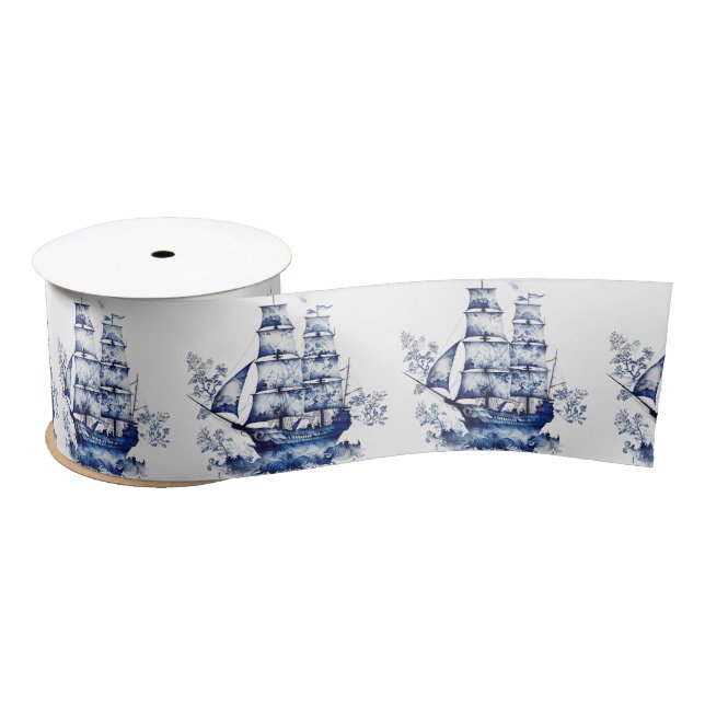 Blue and white Delft style sailing ship in the sea Satin Ribbon (Spool)