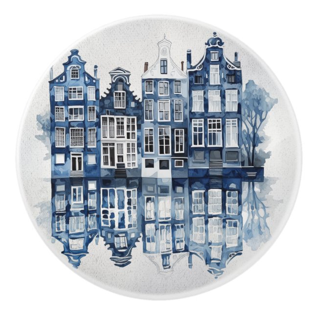 Blue and white Delft style traditional houses Ceramic Knob (Front)