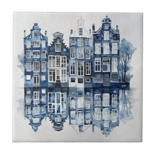 Blue and white Delft style traditional houses Ceramic Tile