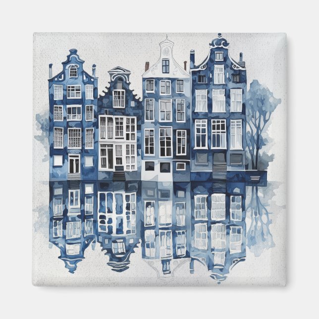Blue and white Delft style traditional houses Magnet (Front)