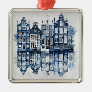 Blue and white Delft style traditional houses Metal Ornament