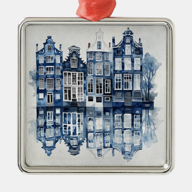 Blue and white Delft style traditional houses Metal Ornament (Front)