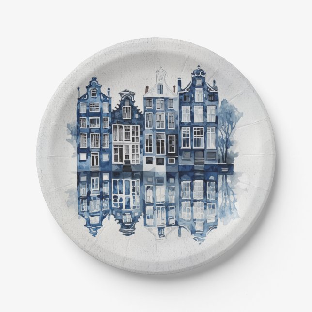 Blue and white Delft style traditional houses Paper Plate (Front)