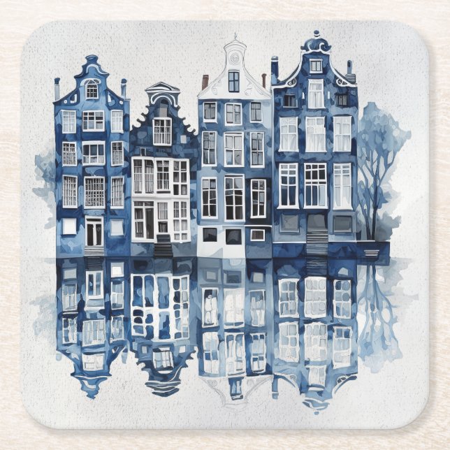 Blue and white Delft style traditional houses Square Paper Coaster (Front)