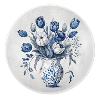 Blue and white Delft style tulip bouquet design Ceramic Knob