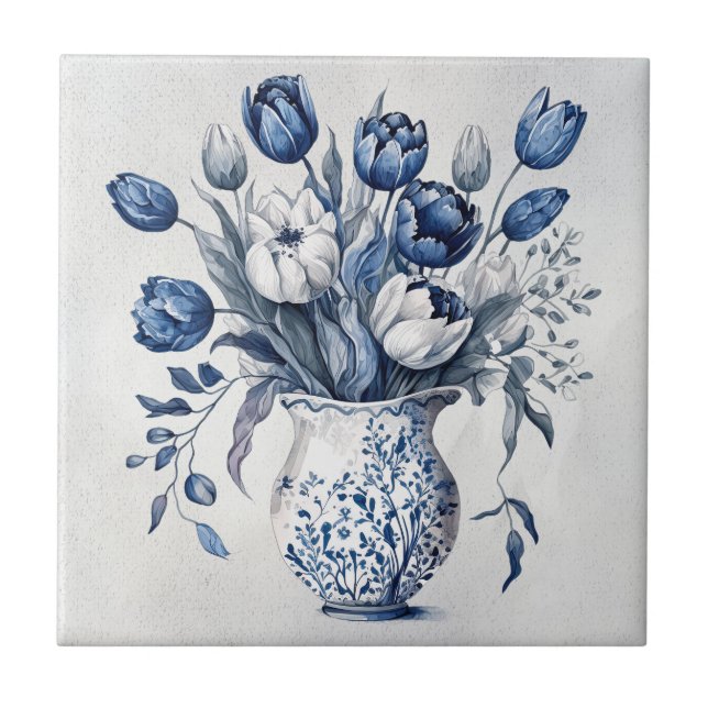Blue and white Delft style tulip bouquet design Ceramic Tile (Front)
