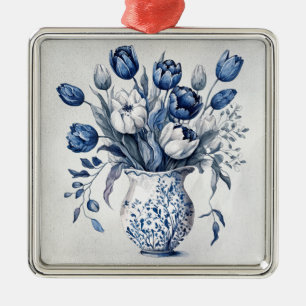 Blue and white Delft style tulip bouquet design Metal Ornament