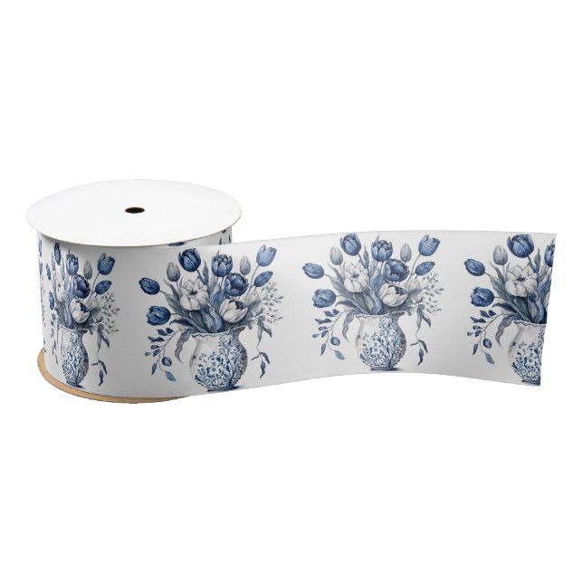 Blue and white Delft style tulip bouquet design Satin Ribbon (Spool)