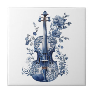 Blue and white Delft style violin with flowers Ceramic Tile