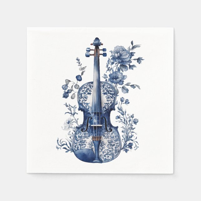 Blue and white Delft style violin with flowers Napkin (Front)
