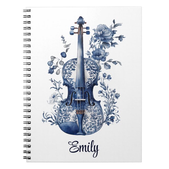 Blue and white Delft style violin with flowers Notebook (Front)