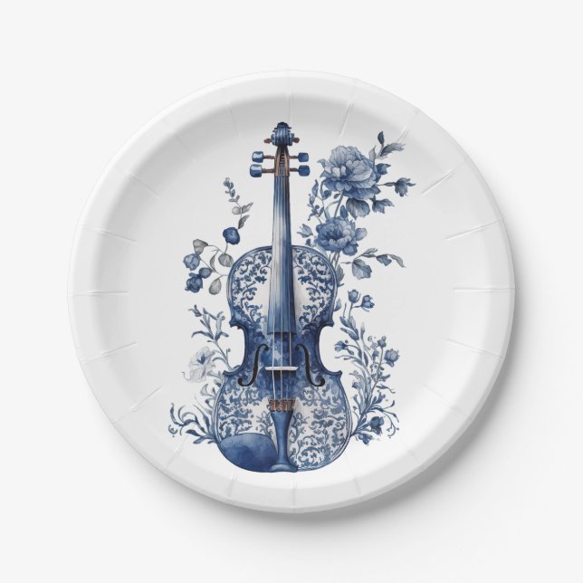 Blue and white Delft style violin with flowers Paper Plate (Front)
