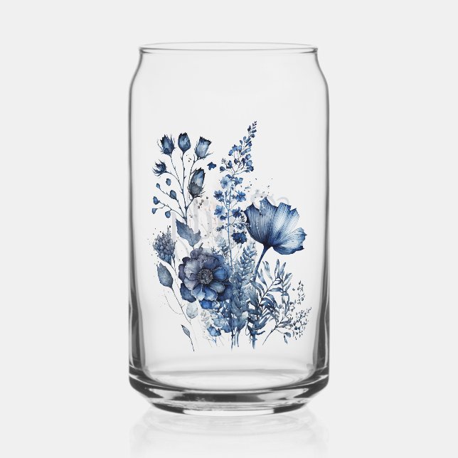 Blue and white Delft style wildflowers bouquet  Can Glass (Front)