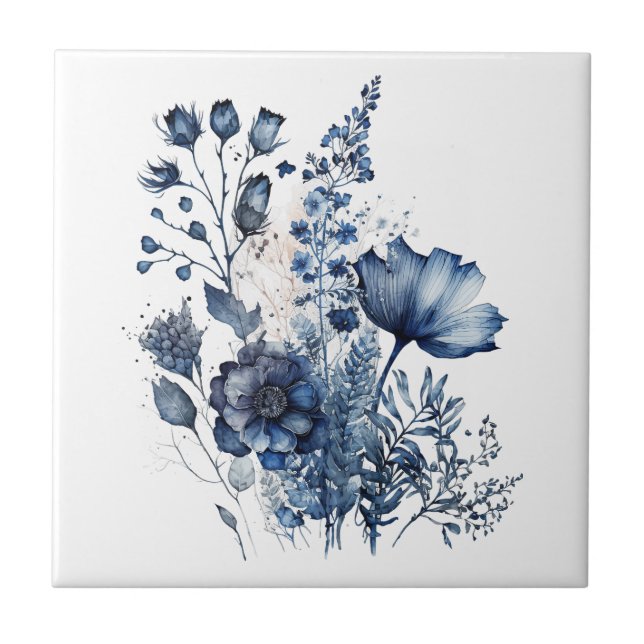Blue and white Delft style wildflowers bouquet  Ceramic Tile (Front)
