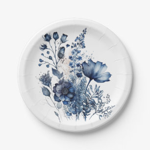 Blue and white Delft style wildflowers bouquet Paper Plate