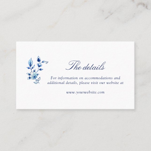 Blue and white Delft wedding details card (Front)