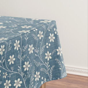 Blue and White Denim Look w/White Flowers Tablecloth
