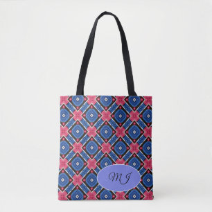 Blue and White Diamond and Red Circles Tote Bag