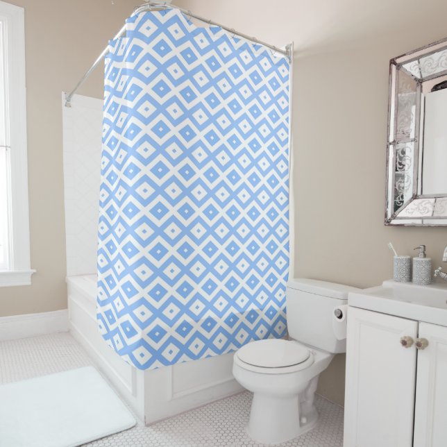Blue and white diamond pattern shower curtain (In Situ)