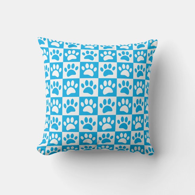 Blue And White Dog Paws In Squares Custom Cushion (Front)