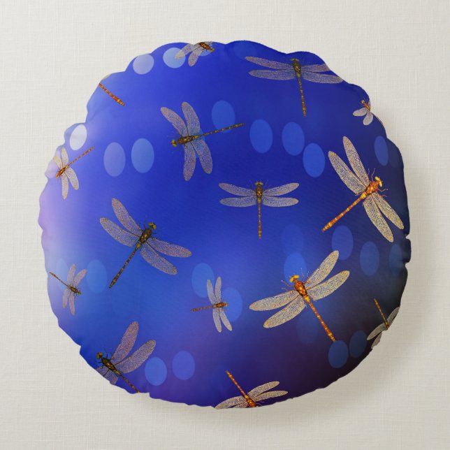 Blue And White Dragon Fly Pattern, Round Cushion (Front)